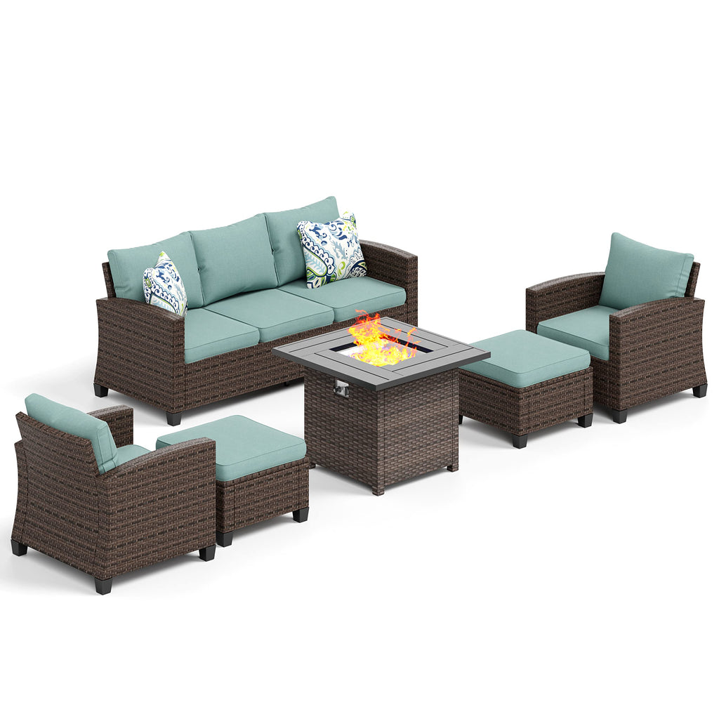 Wicker Patio Furniture Set with Fire Pit Table, 6 Pieces Outdoor Seating Furniture with Thick Cushions, 7 Seats Patio Conversation Sofa Sets, Blue