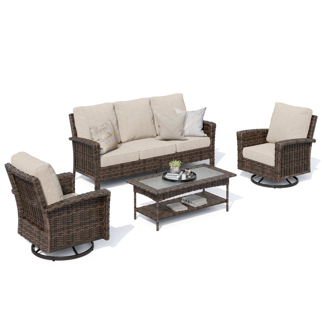 High Back Patio Furniture Set with Swivel Chairs, Outdoor Wicker Conversation Sets with 5.5" Comfy Cushions, 4 Piece Outside Sofa Sets, Beige
