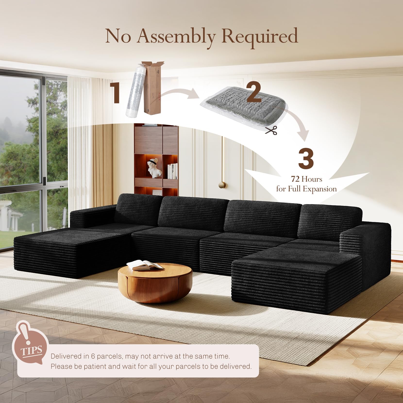 159" Large Modular Sectional Sofa, U-Shaped Corduroy Cloud Couch with Deep Seats & Spring Support, 4-Seater Boneless Sofa with 2 Movable Ottomans, No Assembly Needed, Black