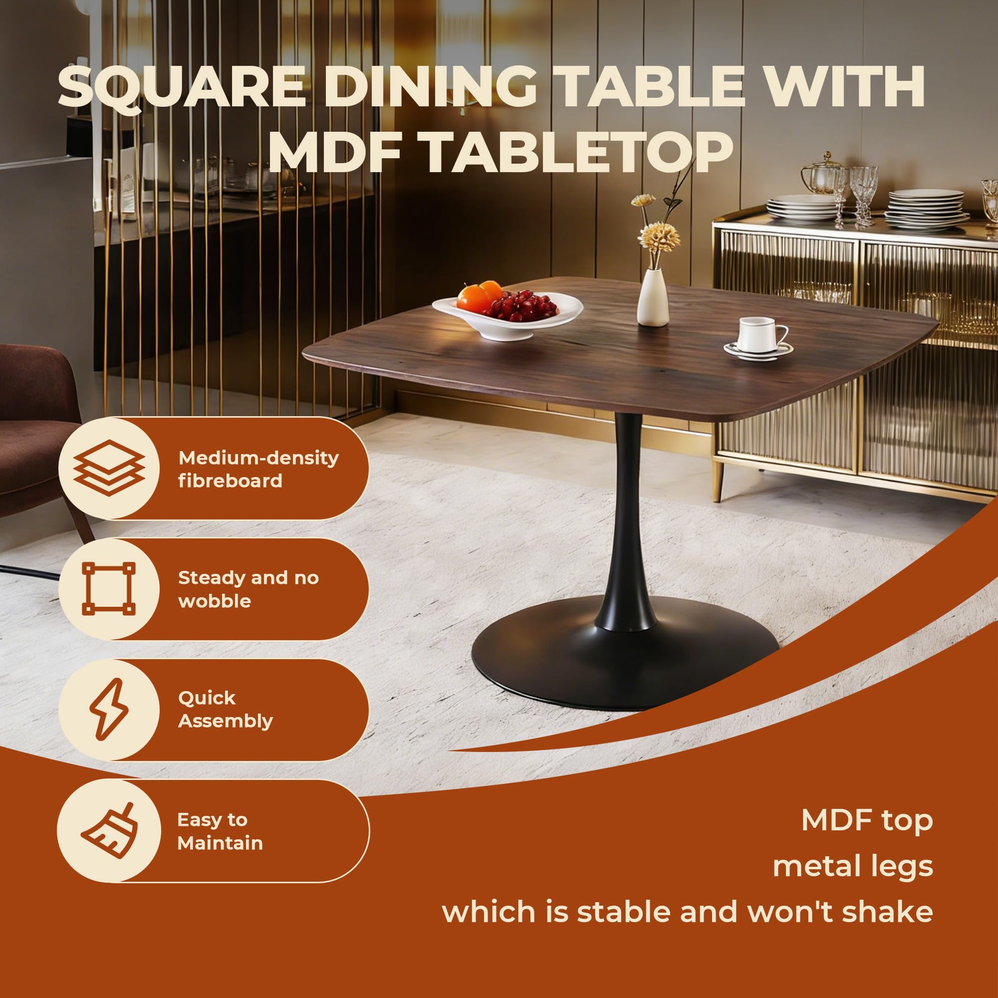 42 Inch Square Tulip Dining Table for 2-6 Person, Modern Mid-Century Kitchen Table with MDF Top & Oak Finish, Small Space Table for Apartment, Bistro, Cafe, Office and Living Room