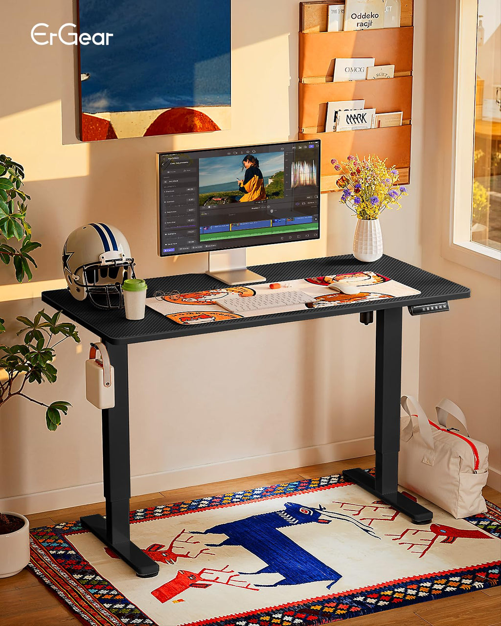 Height Adjustable Electric Standing Desk, 48 x 24 Inches Sit Stand up Desk, Memory Computer Home Office Desk, Carbon Fiber Black