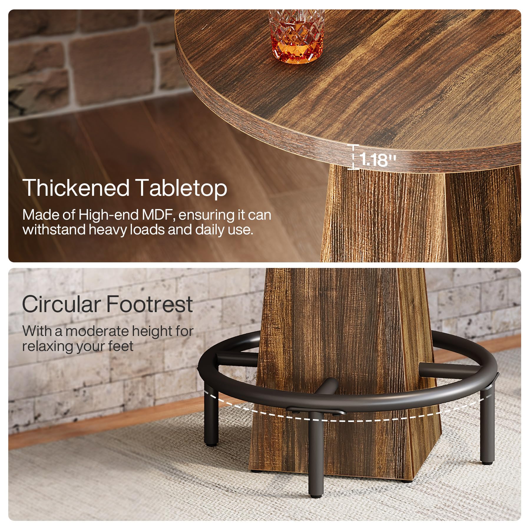 Bar Table Set of 2, 37.4" High Round Pub Table for Small Bars, Dining Room, Kitchen, Rustic Brown (Only Table)