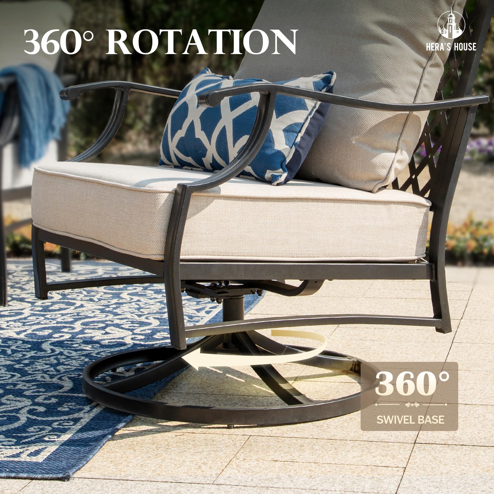 7 Piece Patio Furniture Set, 2 x Swivel Chair, 2 x Fixed Chair, 2 x Ottoman, 1 x 3-Seat Sofa, All Cushioned Outdoor Conversation Set for Lawn Garden Backyard