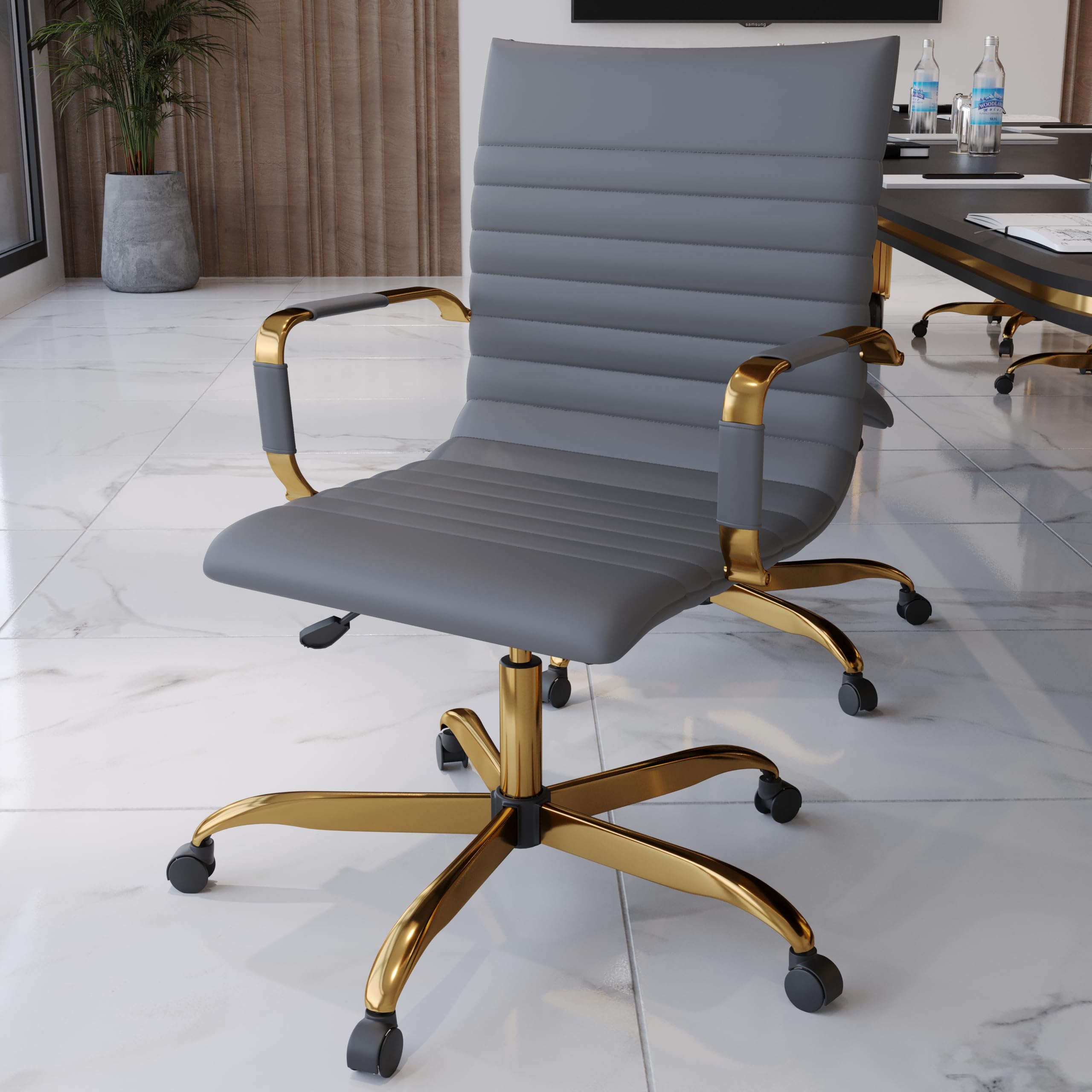 Modern Ergonomic Executive Office Chair, High-Back Leather Conference Desk Chair with Adjustable Height, Tilt Control, 360° Swivel & Gold Frame for Home Office