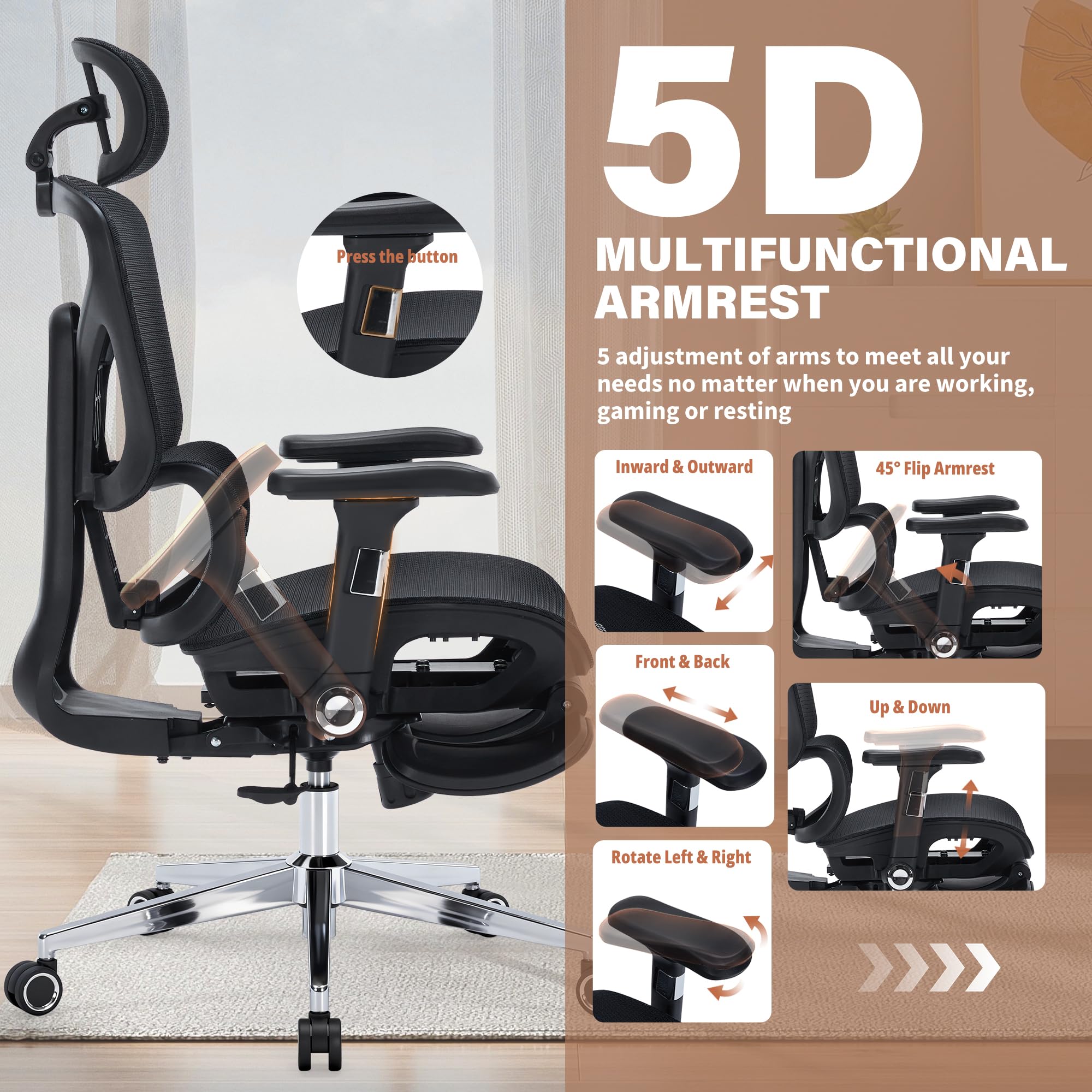 Ergonomic Mesh Office Chair | Adjustable Headrest, 5D Armrests & Footrest | High Back Computer Chair