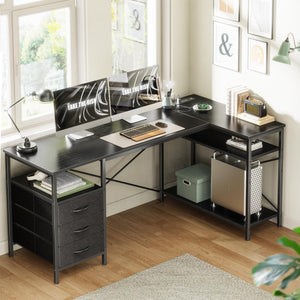 L Shaped Office Desk with Power Outlets, 55 Inch Computer Desk with 3 Drawers, Shelves, Reverisble for Gaming Corner Work Home Office Study, Black