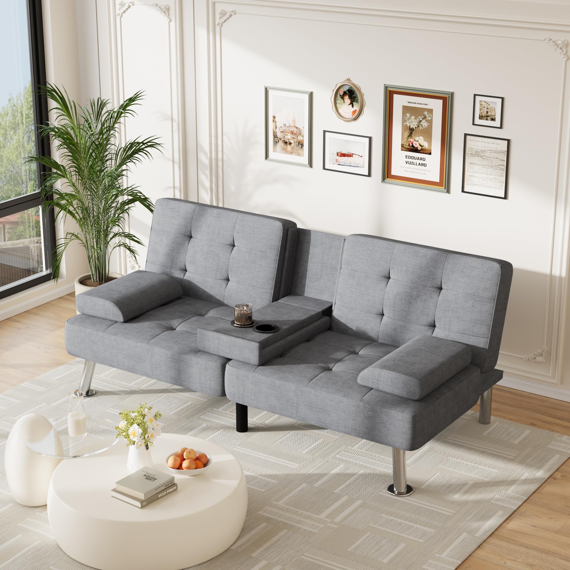 Sofa Bed Adjustable Futon Couch Sleeper Sofa Bed for Living Room, Business Office, Recliner Sofas with Cup Holders (Fabric, Light Gray)