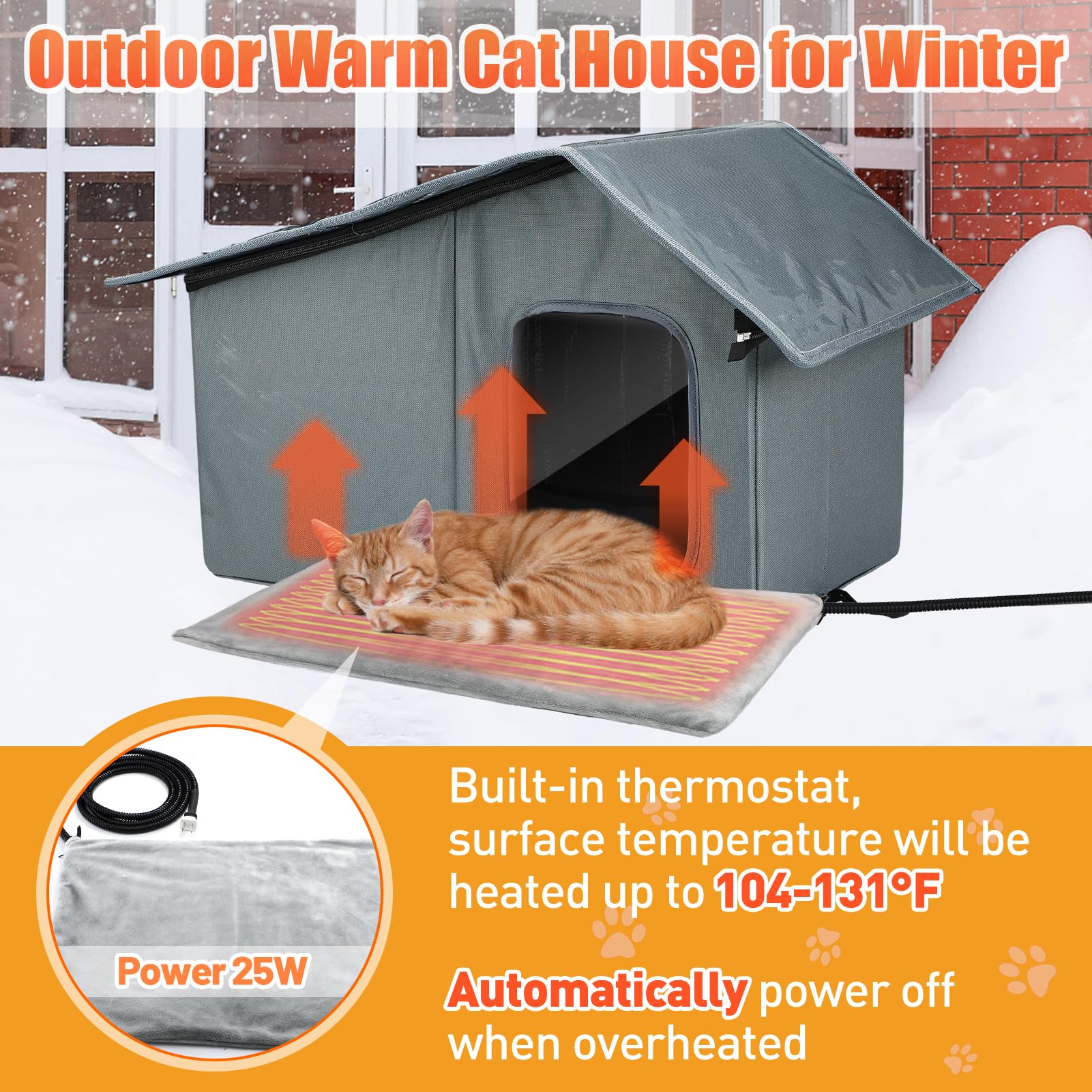 Weatherproof Heated Cat Houses for Outdoor Cats - Insulated Cat Shelter for Winter with Thermostatic Heating Pad and Escape Door, Warm Outside Pet House Gift for 1-2 Feral Cats (Medium)