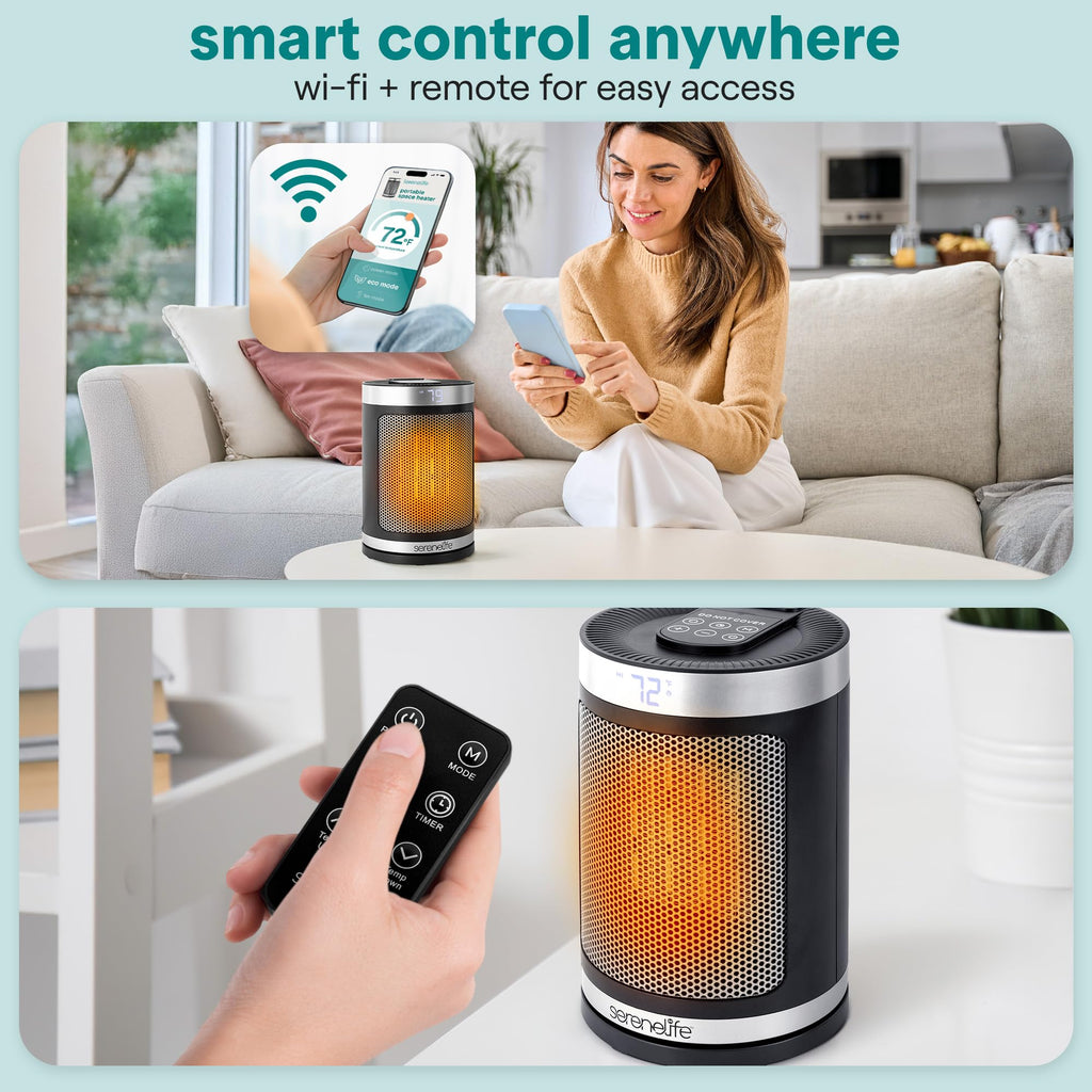 Smart Space Heater – 1500W Indoor Electric Heater with Thermostat, Remote Control, 12-Hour Timer, Wi-Fi Enabled PTC Ceramic Heating for Home and Office, Black (5.9" x 5.9" x 9.5")