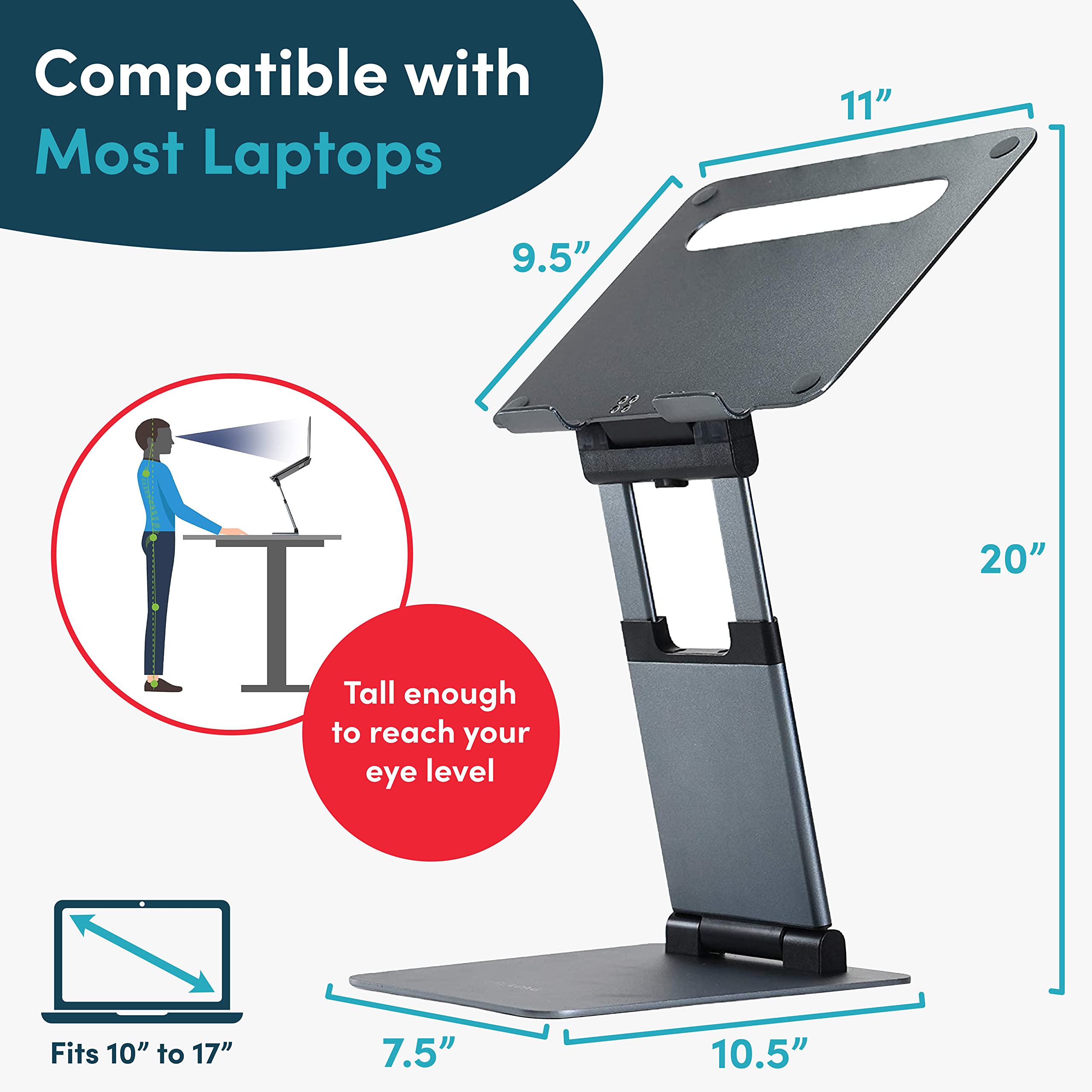 Ergonomic Adjustable Laptop Stand for Desk, Extra Tall 20” Height Aluminum Laptop Riser, Portable Foldable Computer Stand, Fits 10-17” Laptops for Office Meetings, Teamwork & Desk Setup