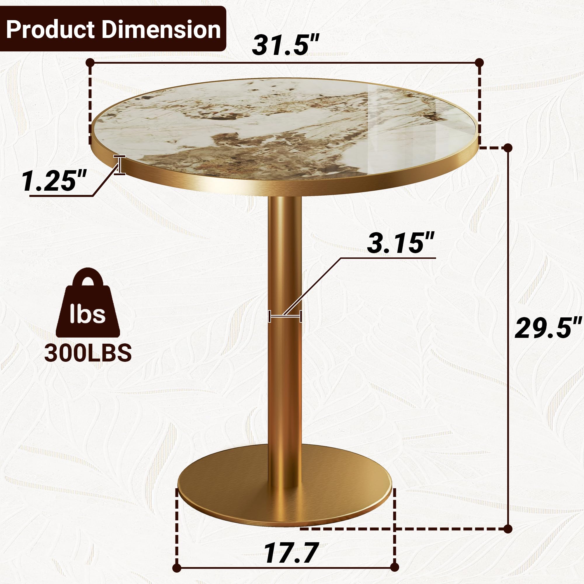 31.5" Tulip Table,Round Kitchen Dining Table for 2-4 with Thick Sintered Stone Top,Titanium Golden Pedestal Base,Heat-Resistant,Bistro Table for Dining Room,Café,Small Space（Cloud Amber）
