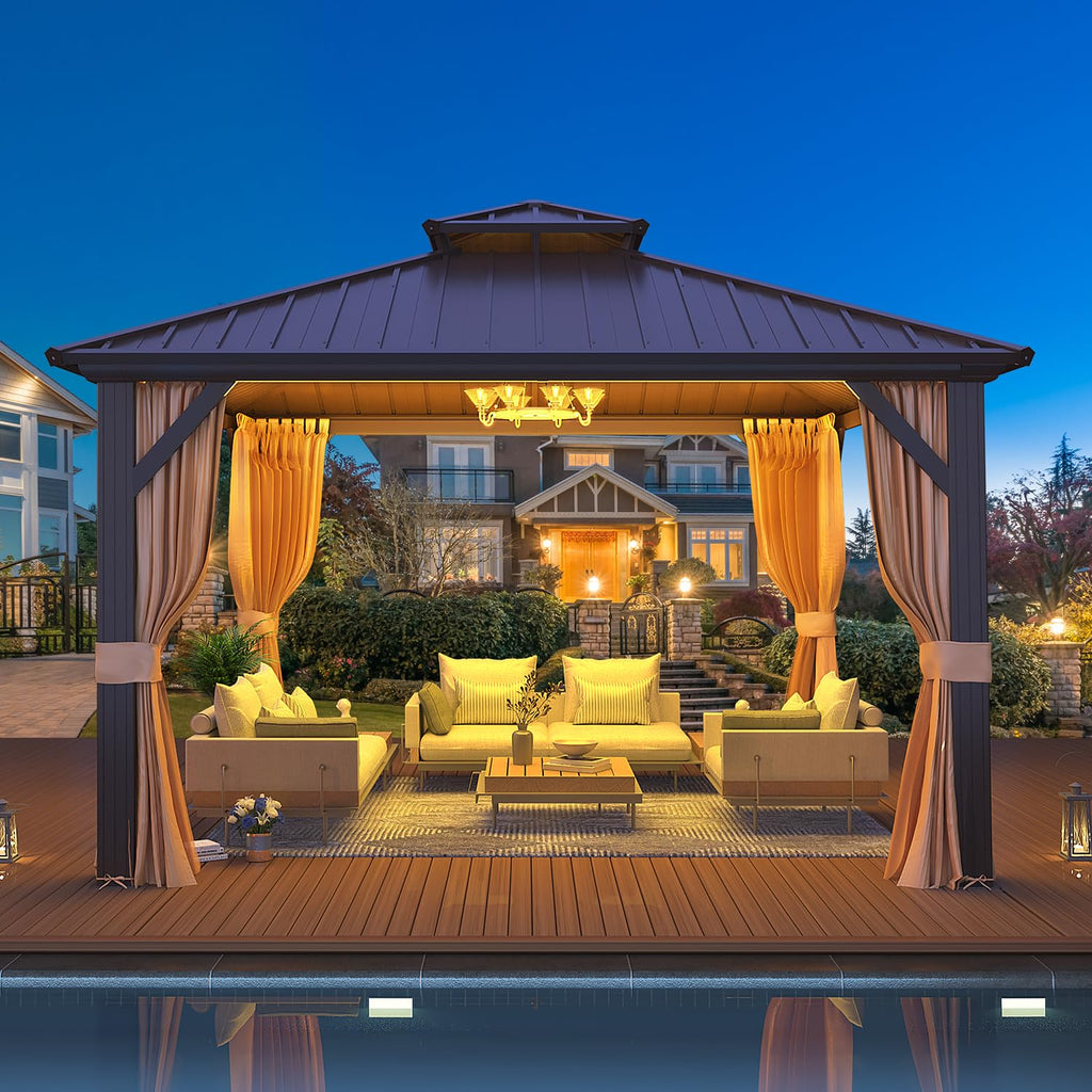 12' x 12' Hardtop Gazebo, Aluminum Frame Gazebos with Galvanized Steel Double Roof, Permanent Outdoor Metal Pavilion with Curtain and Netting for Patio, Lawn, Deck