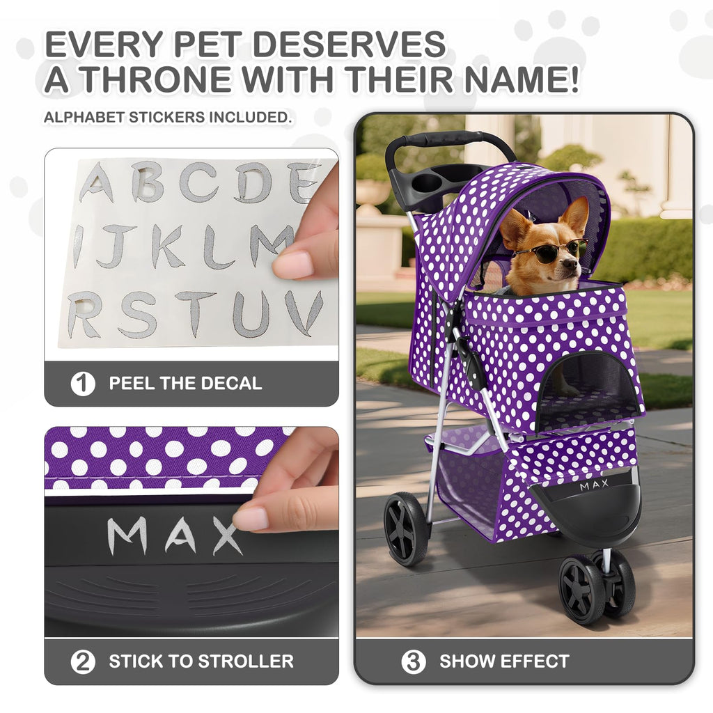 3 Wheels Pet Dog Cat Stroller for Small Medium Dogs Cats, Foldable Jogger Stroller w/Storage Basket and Cup Holder, Purple Polka Dots