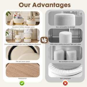 Velvet Round Ottoman with Storage Set of 2 for Livingroom Small Foot Stool Ottoman for Living Room Small Coffee Table Vanity Stool with Storage for Bedroom White