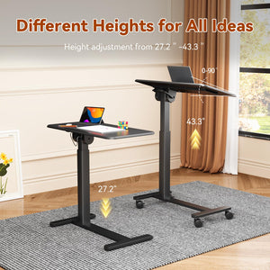 Mobile Standing Desk, Height Adjustable Left/Right Overbed Bedside Table, 90° Tiltable Portable Laptop Desk with Wheels, Foldable Computer Cart for Hospital Home Use, Black