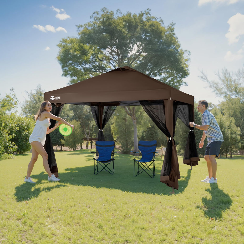 Gazebo 10x10, Pop Up Gazebo with Mosquito Netting, Screen Tent with 4 Ropes, 8 Stakes, 4 Sandbags and Wheeled Storage Bag, Canopy for Patio & Backyard, Coffee