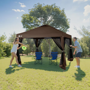 Gazebo 10x10, Pop Up Gazebo with Mosquito Netting, Screen Tent with 4 Ropes, 8 Stakes, 4 Sandbags and Wheeled Storage Bag, Canopy for Patio & Backyard, Coffee