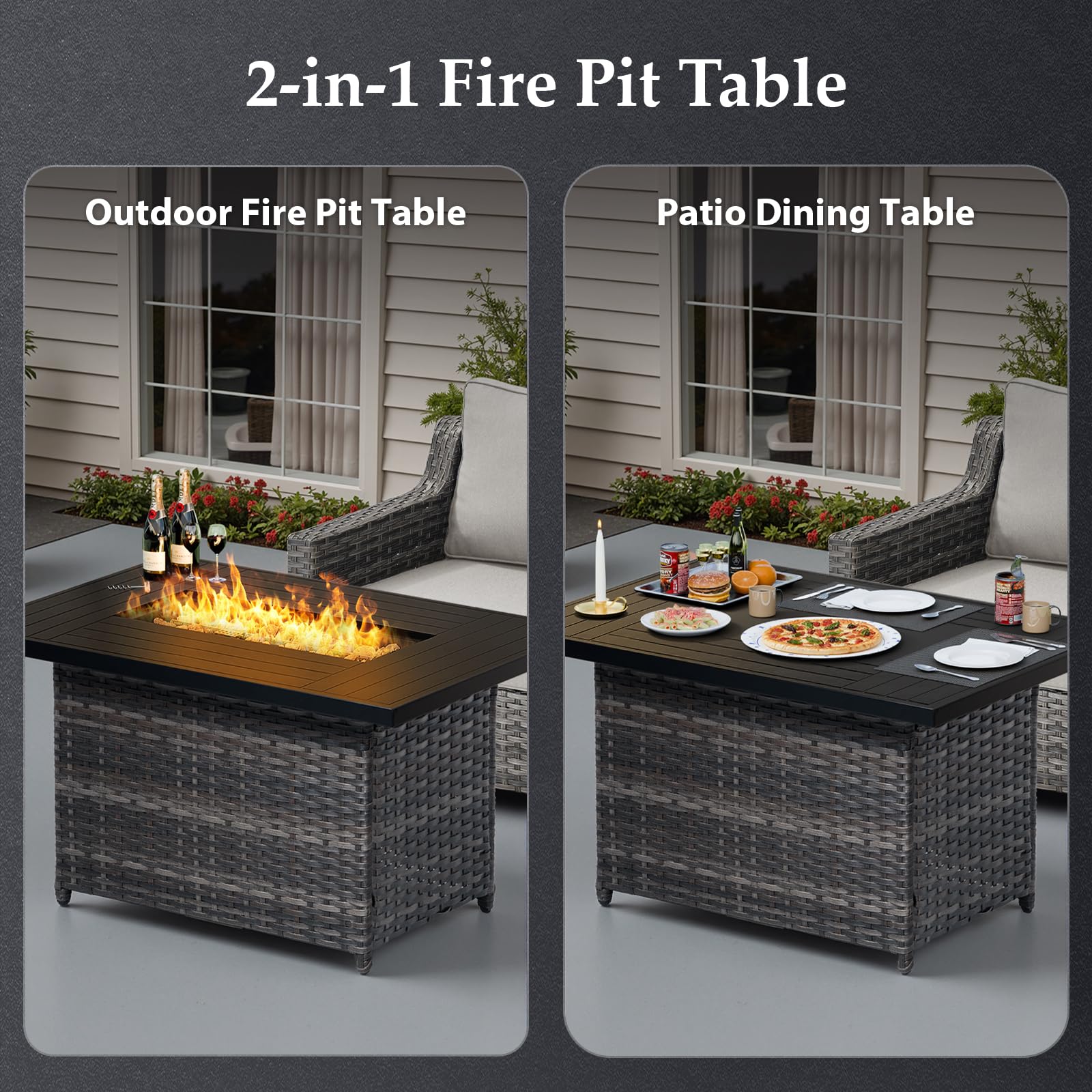 Patio Furniture Set with 42.5" Fire Pit Table-6 Pieces All Weather Wicker Outdoor Furniture with High Back Swivel Patio Chairs Set of 2 Outdoor Couch for Deck Balcony Backyard Beige/Gray