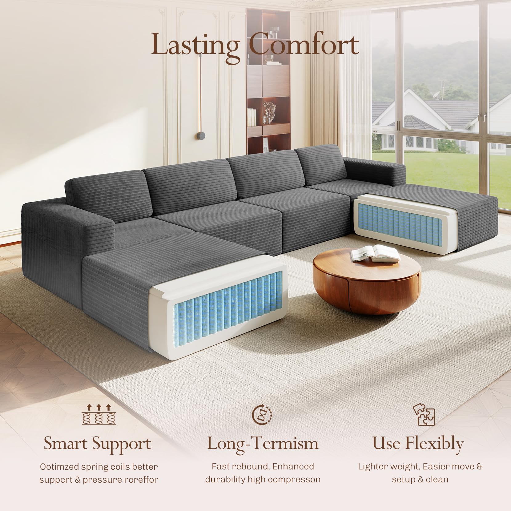 159" Large Modular Sectional Sofa, U-Shaped Corduroy Cloud Couch with Deep Seats & Spring Support, 4-Seater Boneless Sofa with 2 Movable Ottomans, No Assembly Needed, Grey