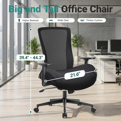 Big and Tall Home Office Desk Chair 500lb Capacity for Heavy People, Ergonomic Wide Mesh Desk Chair with Stepless Recline & Lock, 5.5