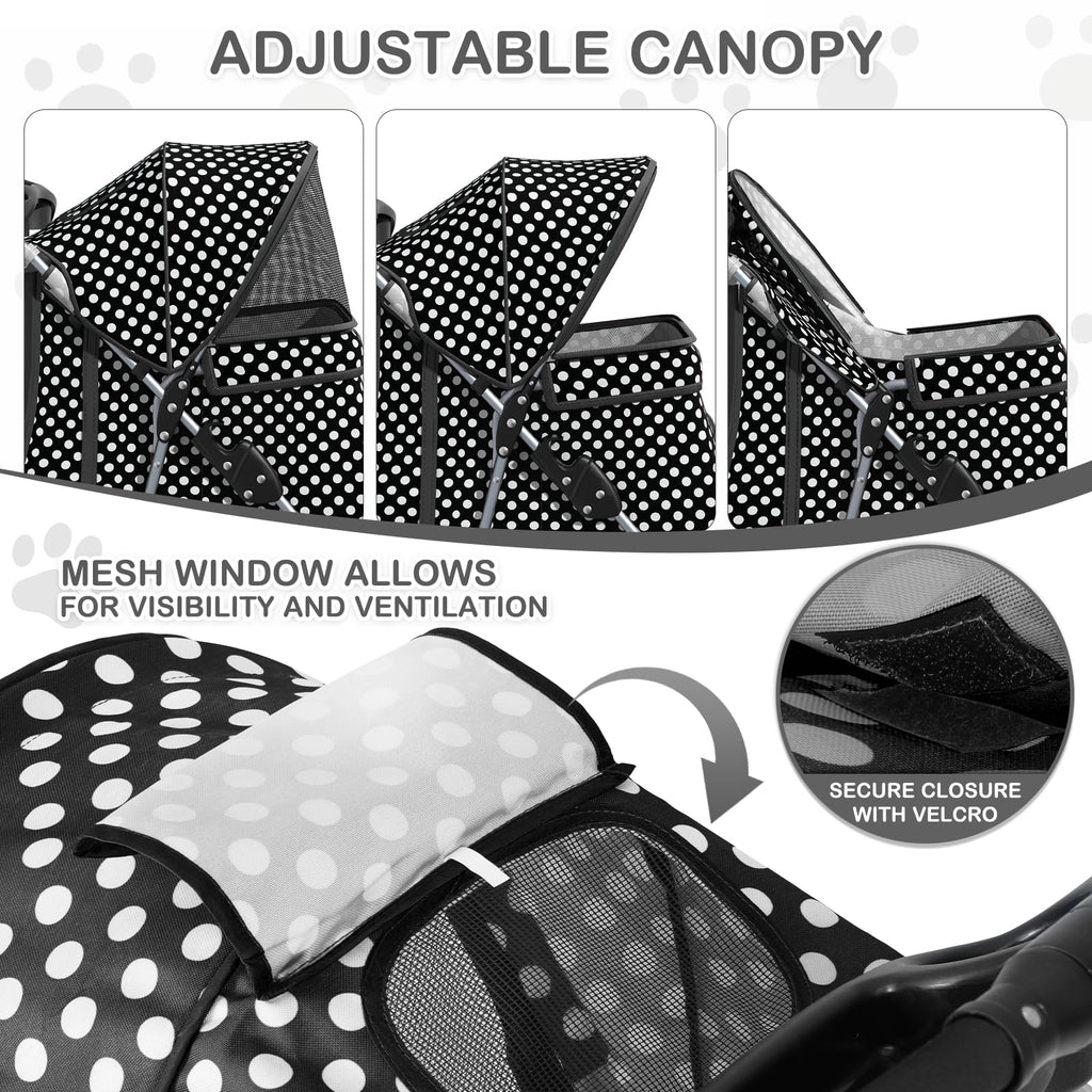 3 Wheels Pet Dog Cat Stroller for Small Medium Dogs Cats, Foldable Jogger Stroller w/Storage Basket and Cup Holder, Black Polka Dots
