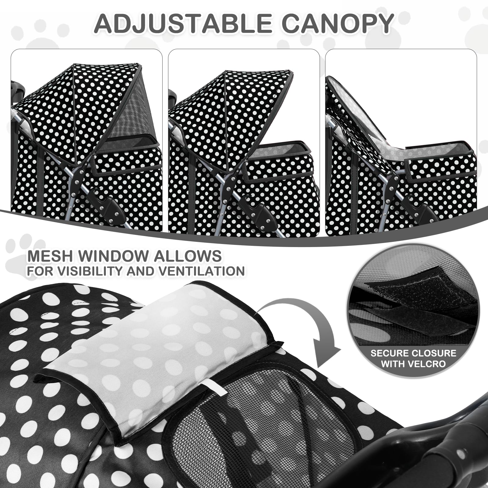 3 Wheels Pet Dog Cat Stroller for Small Medium Dogs Cats, Foldable Jogger Stroller w/Storage Basket and Cup Holder, Black Polka Dots