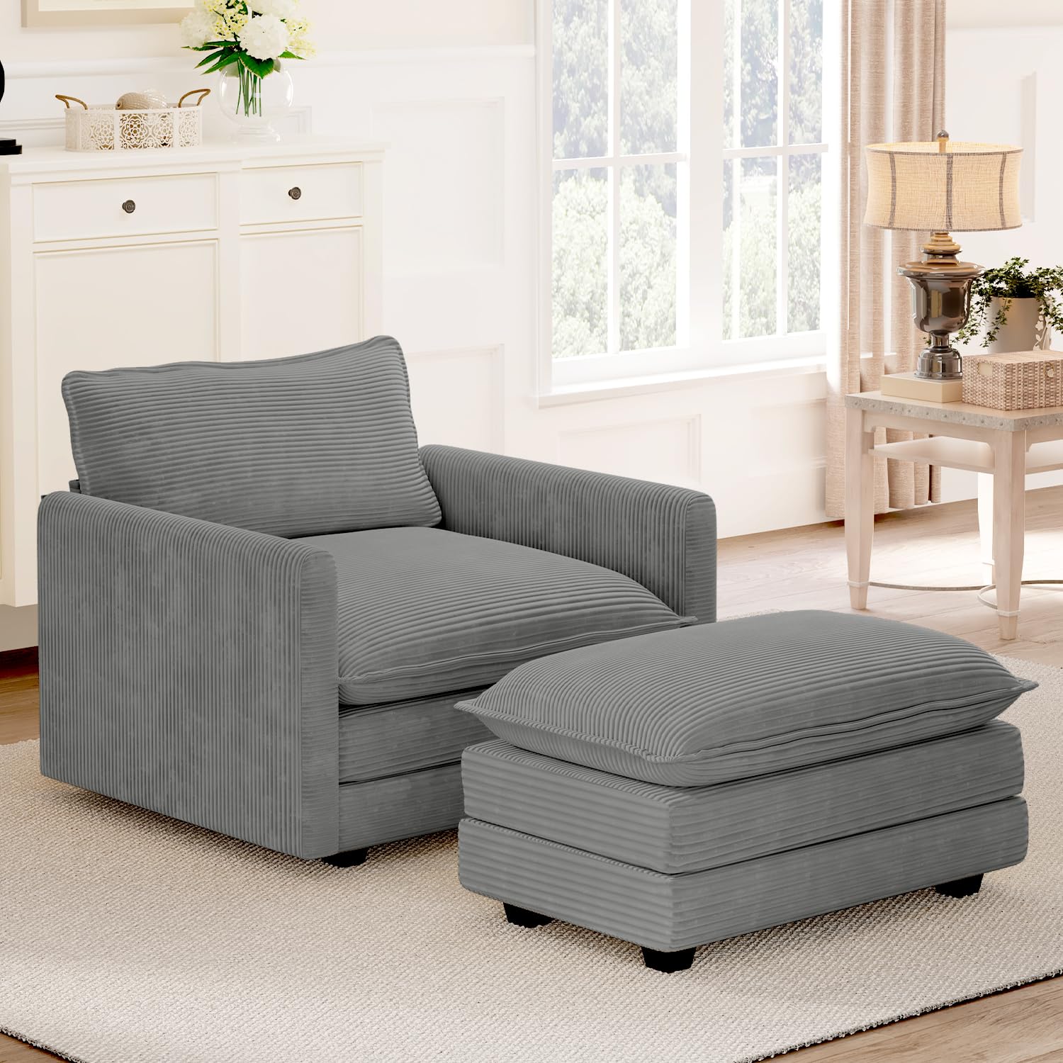 Single Armchair with Ottoman, Modern Corduroy Cloud Couch with Convertible Chaise, Upholstered Sofa Set for Living Room and Office, Dark Grey