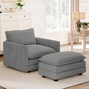 Single Armchair with Ottoman, Modern Corduroy Cloud Couch with Convertible Chaise, Upholstered Sofa Set for Living Room and Office, Dark Grey