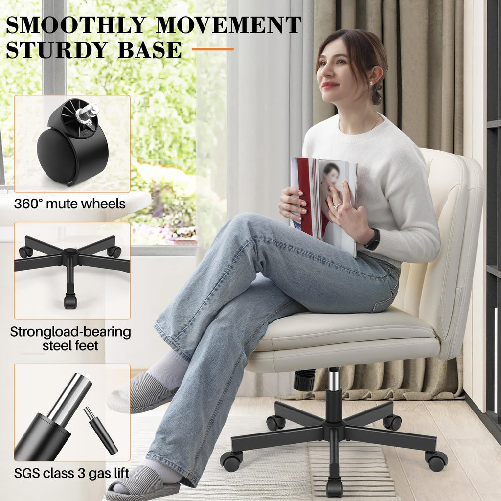 Criss Cross Chair with Wheels, Cross Legged Office Chair, Armless Wide Vanity Desk Chair with Comfty PU Leather & Back - Swivel Height Ajustable for Home Office Bedroom, Pearl White