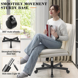 Criss Cross Chair with Wheels, Cross Legged Office Chair, Armless Wide Vanity Desk Chair with Comfty PU Leather & Back - Swivel Height Ajustable for Home Office Bedroom, Pearl White