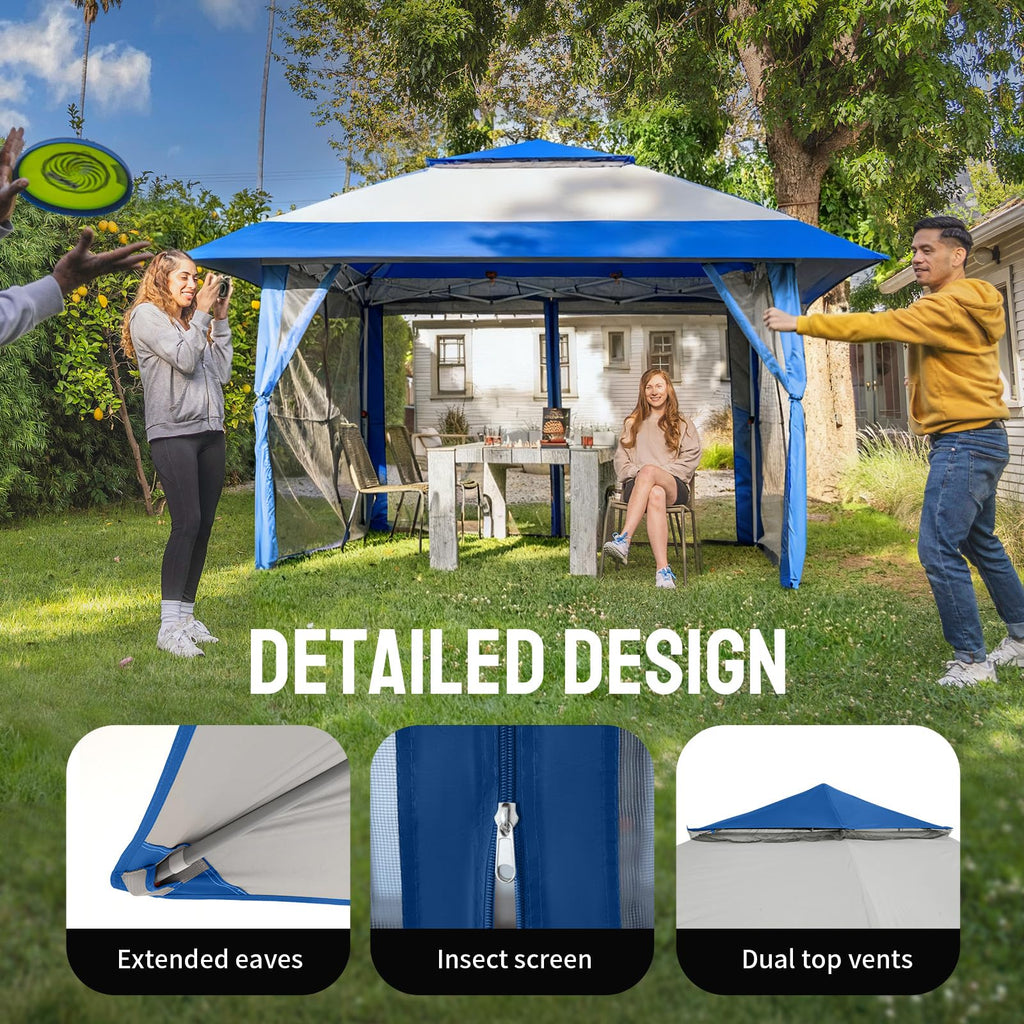 13x13 Pop Up Gazebo, Canopy Tent, Gazebos on Clearance - Outdoor Gazebo for Backyard & Patio Furniture - Carpa Pop Up Tent with Wheeled STO-N-Go Cover Bag (Blue & Grey)