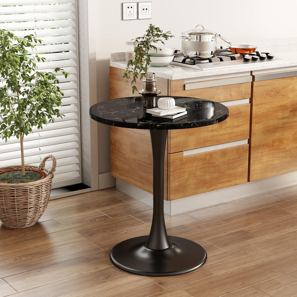 Black Marble Round Dining Table 24" Circle Tulip Table with Thickened Tabletop & Sturdy Metal Pedestal Mid Century Modern Leisure Bistro Kitchen Tables 2 People Small Places Living Room Cafe