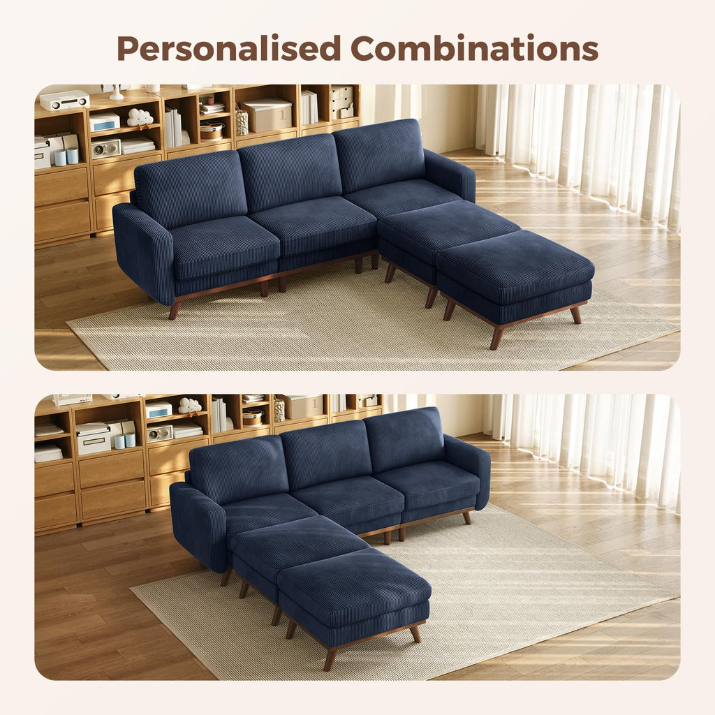 97" Modular Sectional Sofa Dark Blue, U-Shaped Couch with Movable Ottoman, Comfy Corduroy Couch with Spring Cushion, Modular Sofa with Deep Seat for Living Room, Bedroom and Apartment