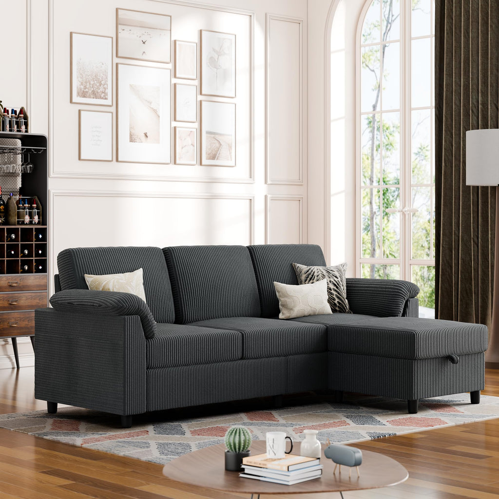Convertible Sectional Sofa Couch, 3 Seat L Shaped Sofa with Removable Pillows Soft Corduroy Fabric Small Couch Mid Century for Living Room, Apartment and Office, Dark Grey