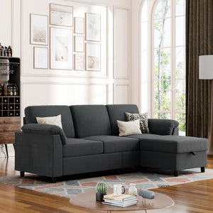 Convertible Sectional Sofa Couch, 3 Seat L Shaped Sofa with Removable Pillows Soft Corduroy Fabric Small Couch Mid Century for Living Room, Apartment and Office, Dark Grey