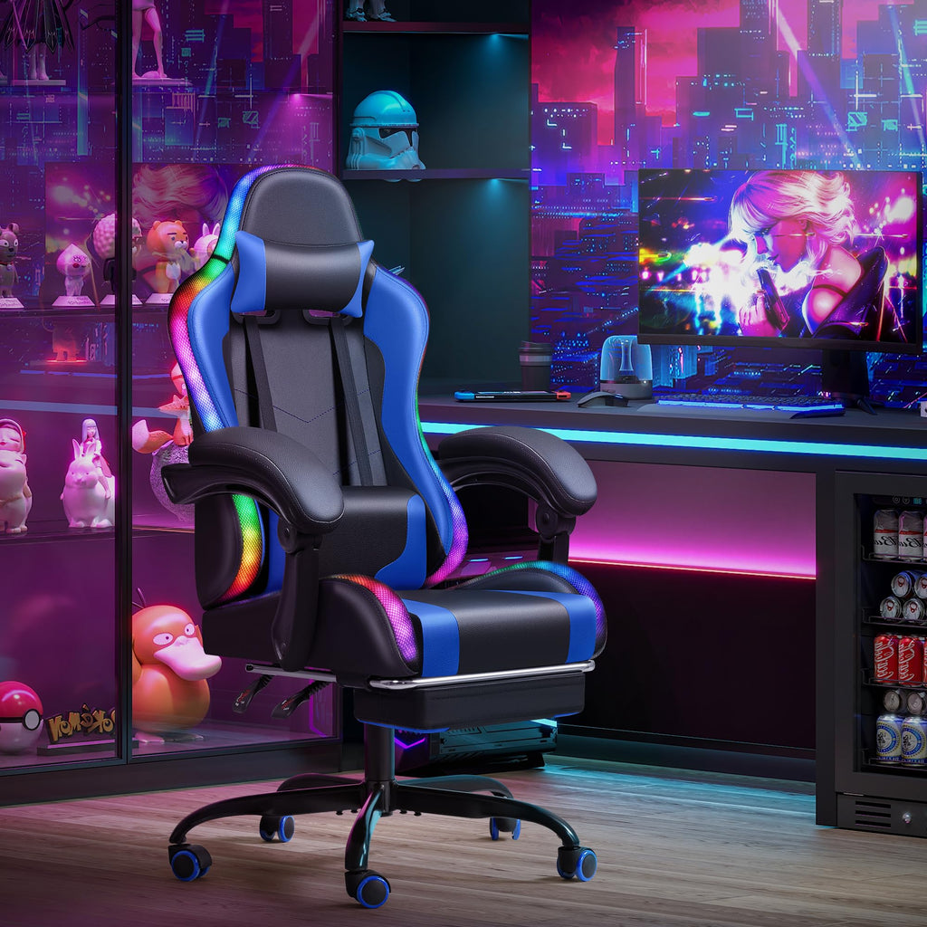 Gaming Chair, Video Game Chair with Footrest and Massage Lumbar Support, Ergonomic Computer Chair Height Adjustable with Swivel Seat and Headrest (RGB Blue)