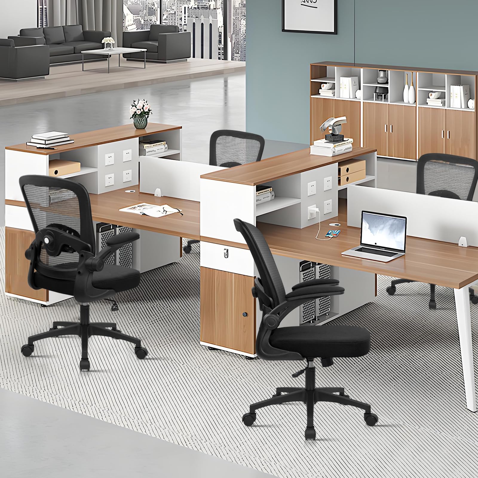 (12PK) Home Office Desk Chair with Flip Up Armrests, Mesh Back Chair with Adjustable Height Lumbar Support, Ergonomic Computer Task Chair with Wheels for School, Conference, Black