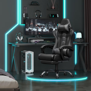 Gaming Chair, Video Game Chair with Massage Lumbar Support and Footrest Height Adjustable Ergonomic Computer Chair with Swivel Seat and Headrest, Full Black