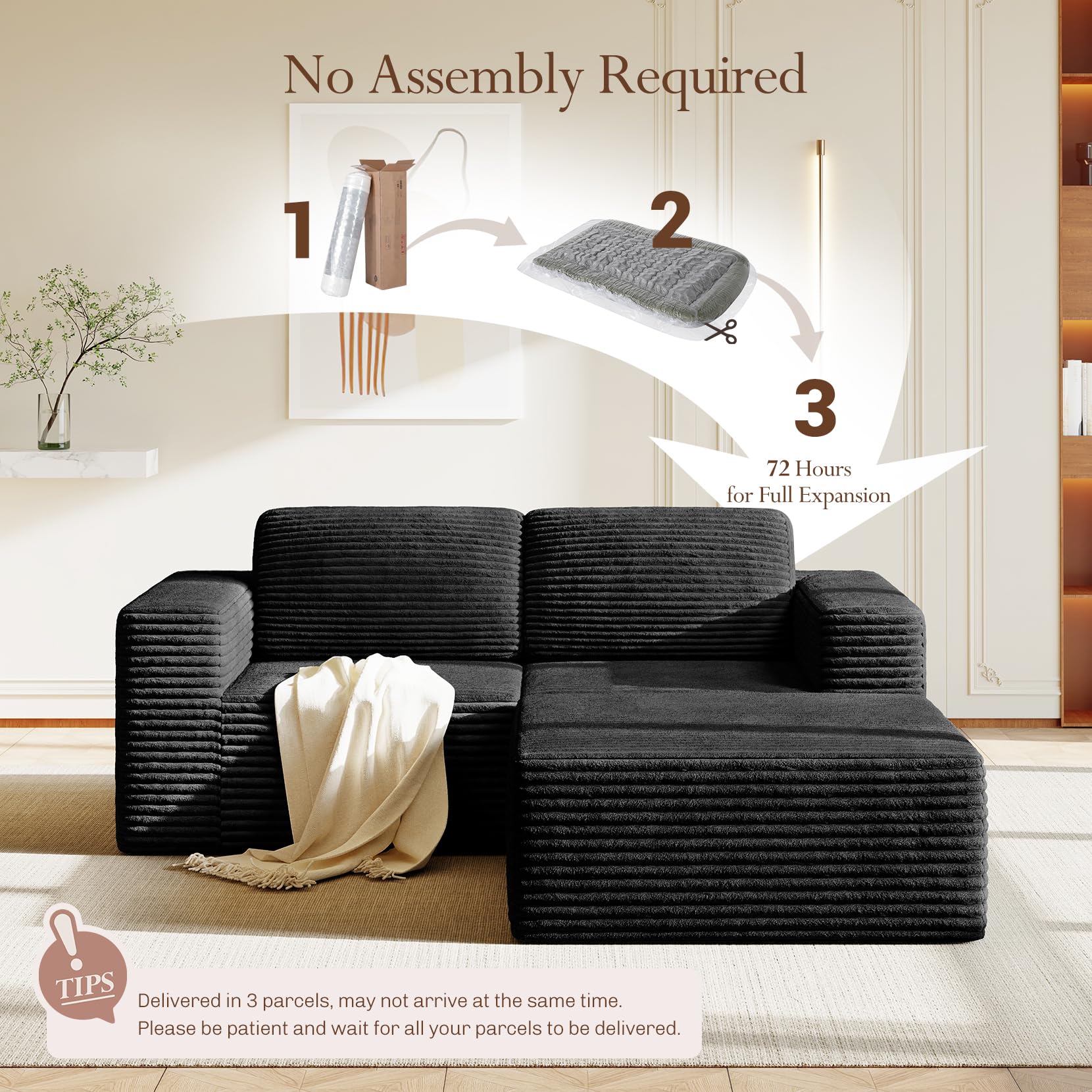 80" Modular Sectional Sofa, Corduroy Cloud Couch with Deep Seats & Spring Support, Compact 2 Seater Boneless Couch, L-Shaped Modular Sofa for Small Spaces, Apartments, No Assembly, Black