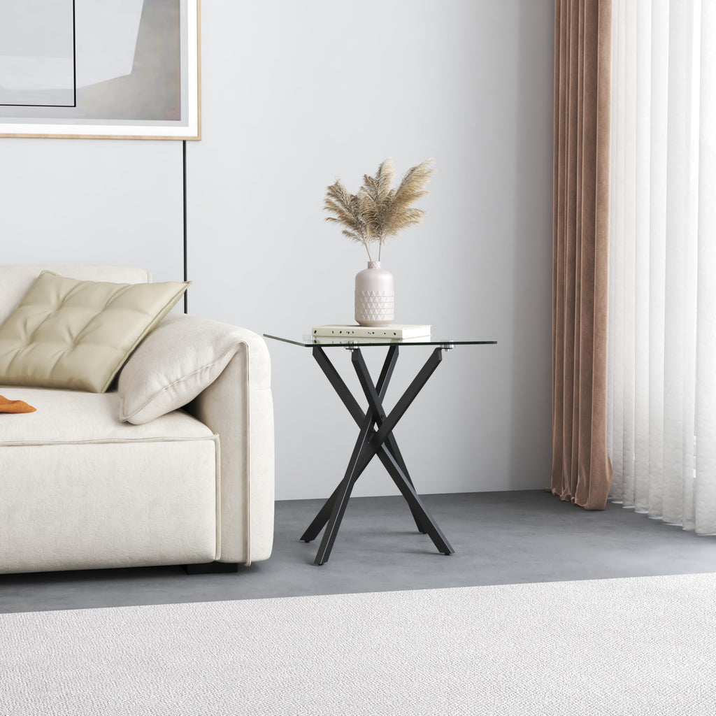 Small Side Coffee Table with Metal Legs, Tempered Glass Square Modern End Table for Living Room Sofa Home Office (1, Black, 20"×20"×22")