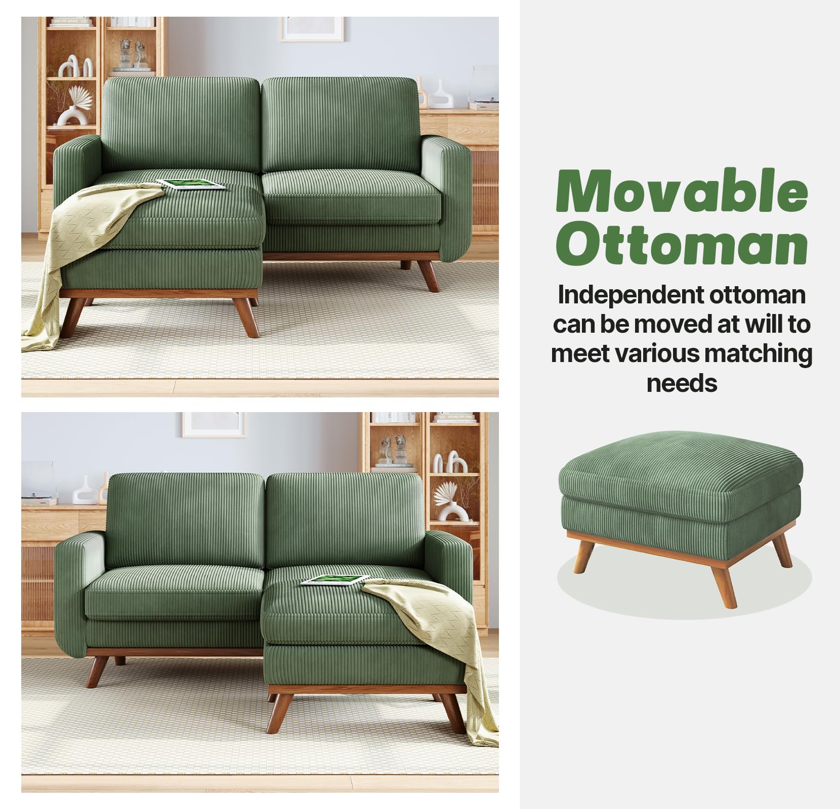 68" Loveseat Sofa with Movable Ottoman, Comfy Corduroy Couch with Spring Cushion, Sofa Couch with Solid Wood, Modern Office Sofa with Deep Seat for Living Room and Bedroom, Green