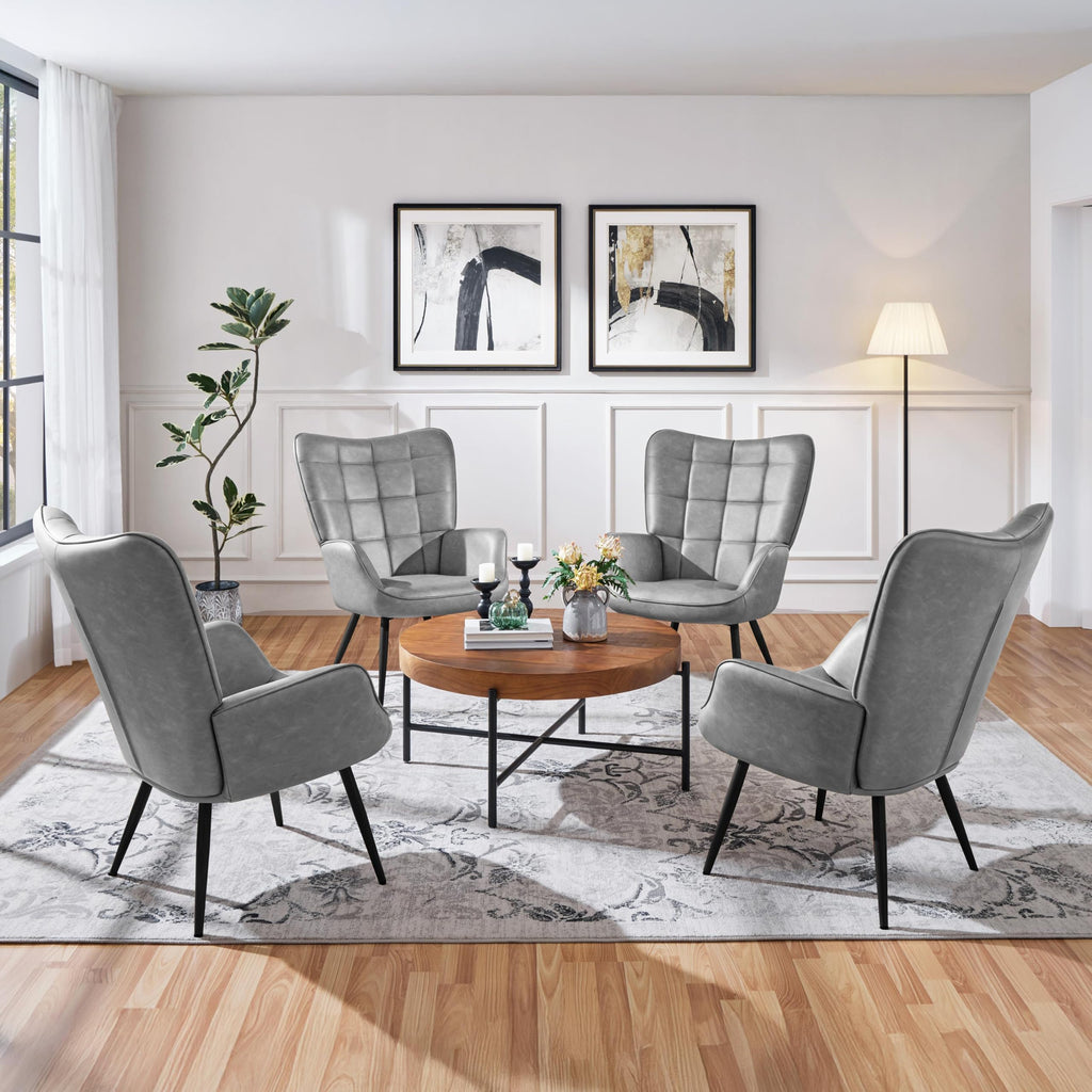 Accent Chairs, Large PU Leather High-Back Chair w/Metal Legs, Pottery Barn Style Living Room Chairs for Bedroom/Home Office, Gray, Set of 2