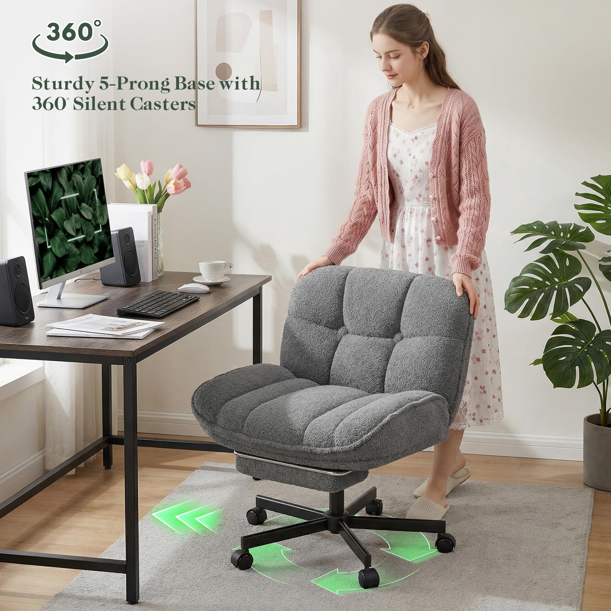 Criss Cross Office Chair with Foot Rest, 26.77" Wide Cross Legged Office Chair with 7" Thick Backrest, Height Adjustable & 360°Swivel, Desk Chair for All-Day Comfort (Misty Gray)