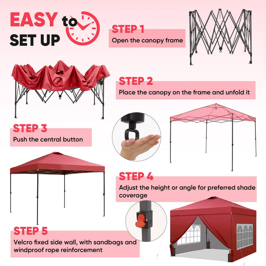 12x12 Pop Up Canopy Tent with 4 Sidewalls, Easy Set up with One Push Lift Gazebo with Wheel Bag and4 Sandbags,Carpas for Events, Parties,Camping, Red.