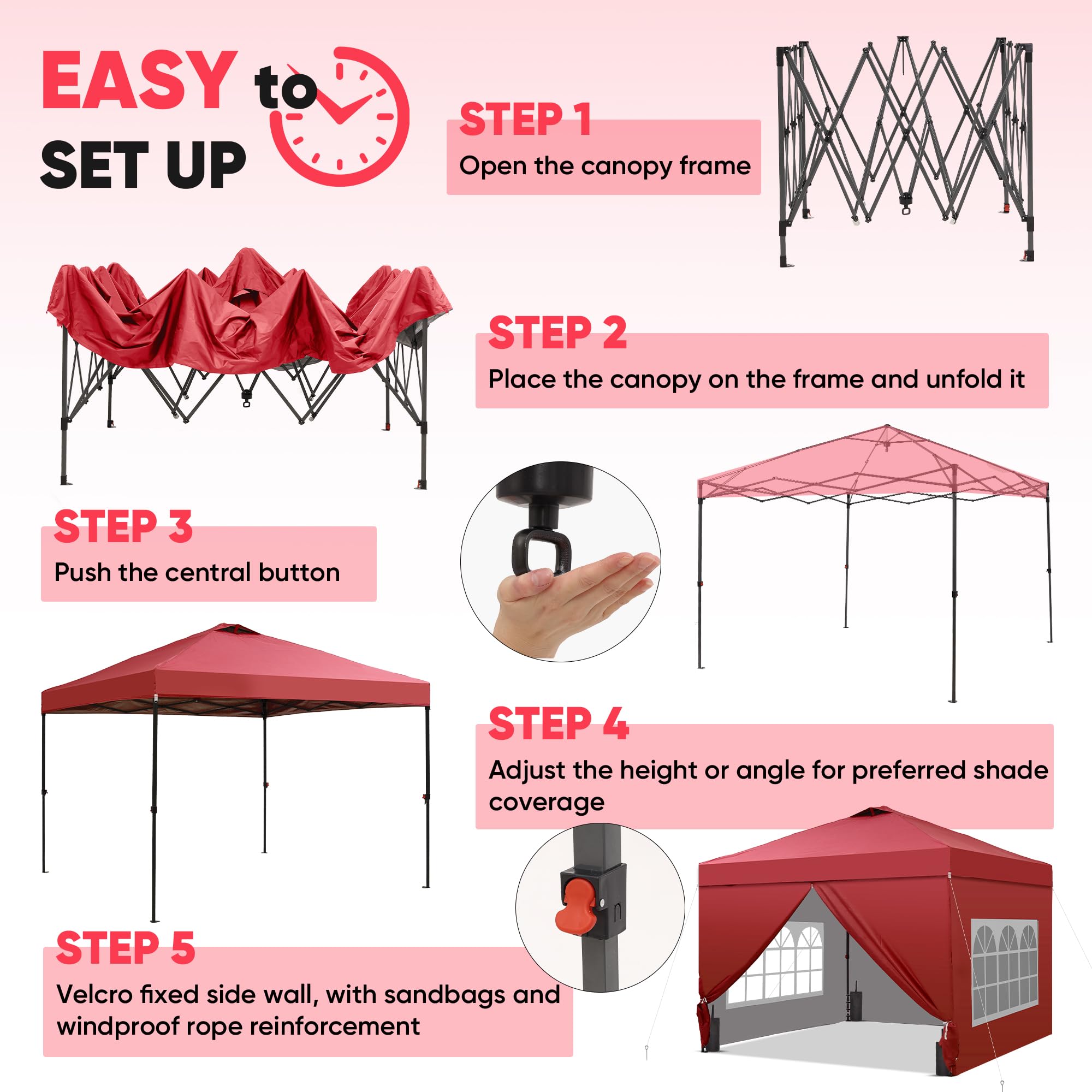 12x12 Pop Up Canopy Tent with 4 Sidewalls, Easy Set up with One Push Lift Gazebo with Wheel Bag and4 Sandbags,Carpas for Events, Parties,Camping, Red.