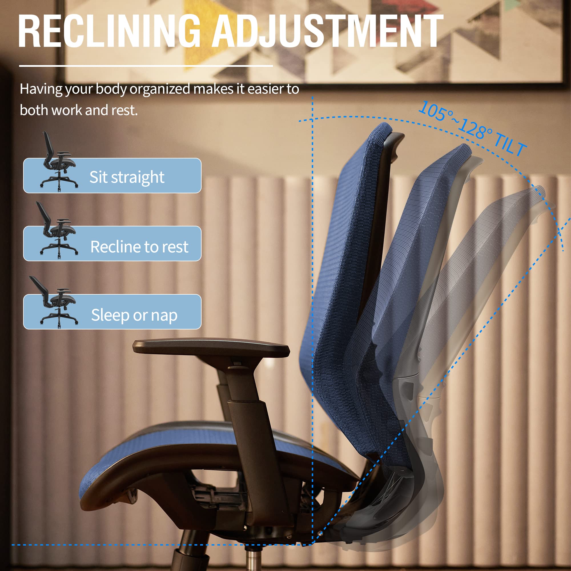 Office Chair,Ergonomic Computer Desk Chair,Sturdy Task Chair- Adjustable Lumbar Support & Armrests,Tilt Function,Comfort Wide Seat,Swivel Home Office Chair (Blue)