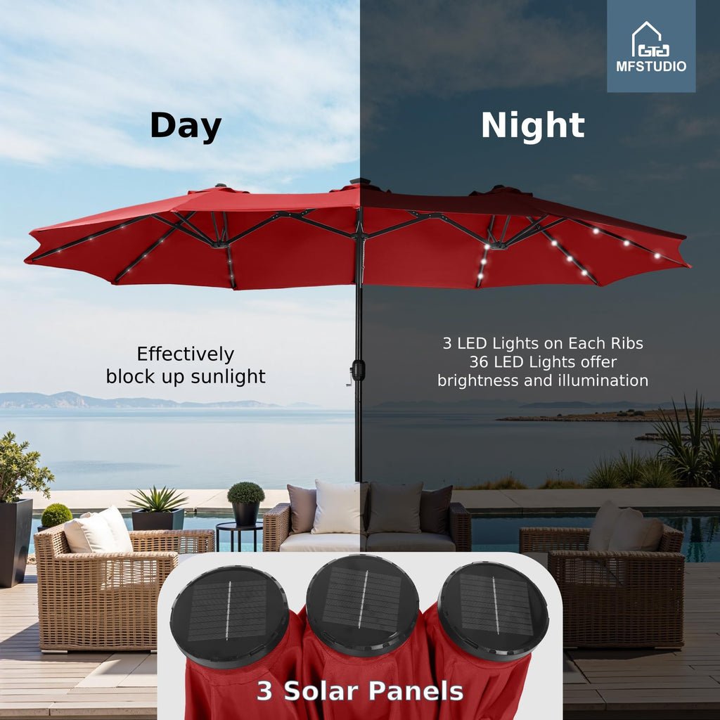 15ft Patio Umbrella with Solar Lights, Outdoor Large Rectangular Umbrellas with Base, Crank Handle and 36 LED Lights for Yard Deck Pool, Burgundy Red