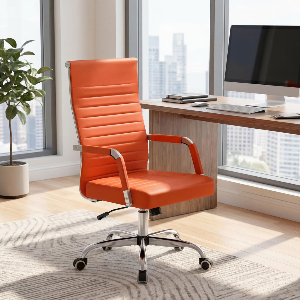 Ergonomic Office Desk Chair, Executive Ribbed Mid-Back PU Leather Conference Room Chair Adjustable Swivel Chair with Arms (2, Orange)