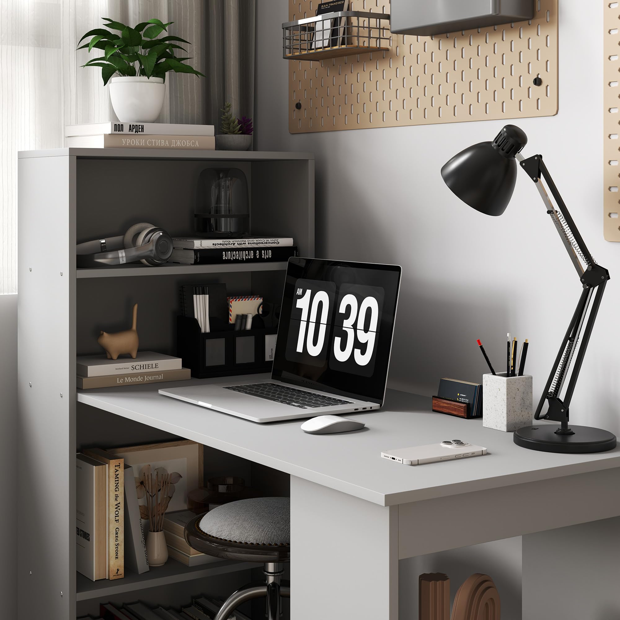 Modern Home Office Desk with 6-Tier Storage Shelves, 47" Writing Desk with Bookshelf, Gray
