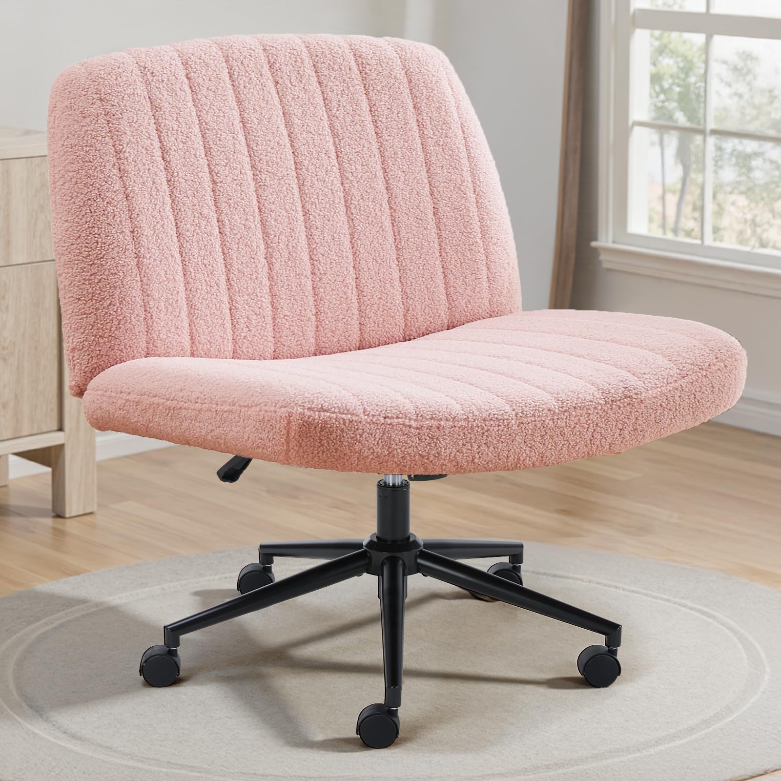 Criss Cross Chair with Wheels Wide Cross Legged Office Desk Vanity Chair Comfy Fabric Armless Adjustable Swivel for Home Computer Task Teddy Pink